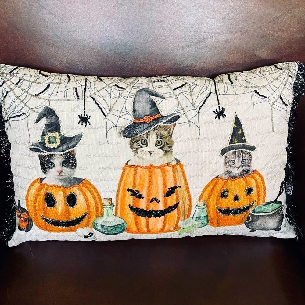 Halloween Witch Cats Beaded Throw Pillow Decor